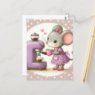Adorable Mouse in Purple Dress Making Coffee Postcard