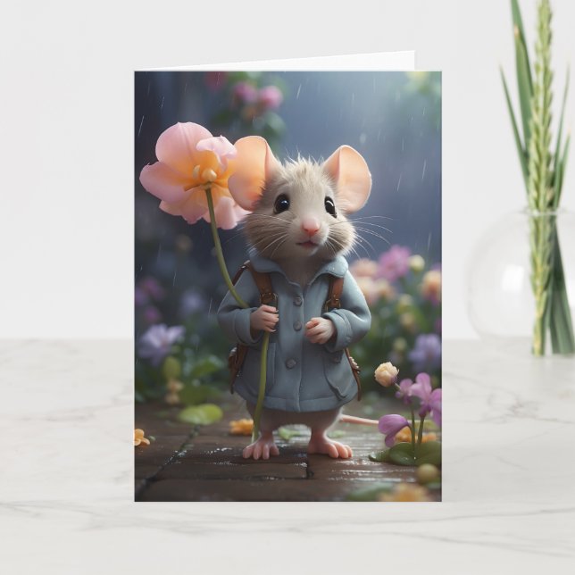 Adorable Mouse Large Flower Illustration Blank Card (Front)