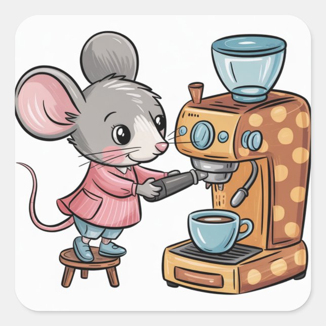 Adorable Mouse Making Coffee Square Sticker (Front)