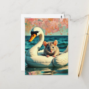 Adorable Mouse on a Swan Float Postcard