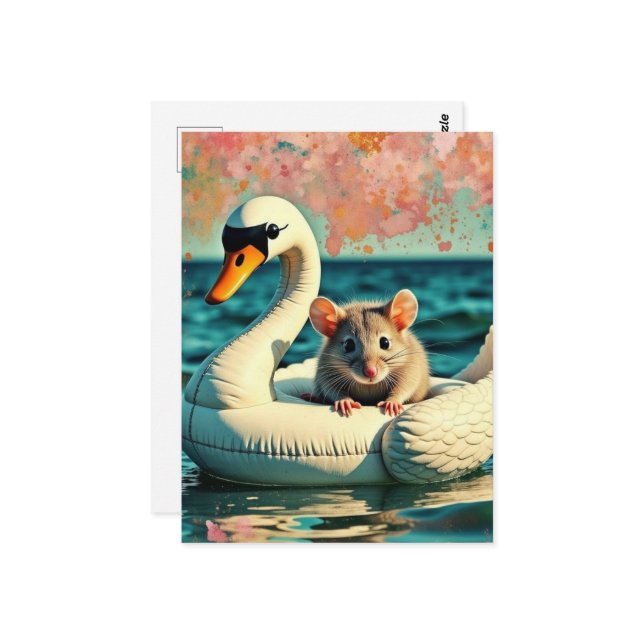 Adorable Mouse on a Swan Float Postcard (Front/Back In Situ)