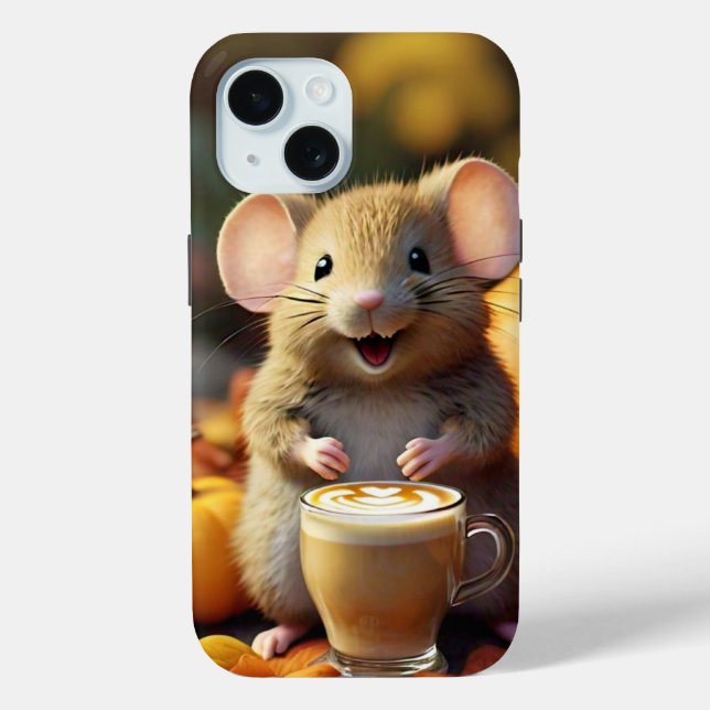 Adorable Mouse with Latte in Fall iPhone 15 Case (Back)