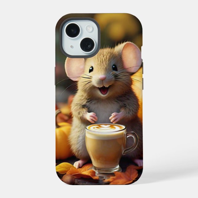 Adorable Mouse with Latte in Fall iPhone 15 Case (Back)
