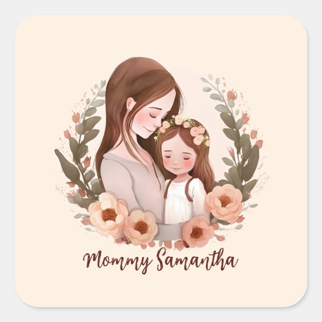 Adorable Mum and Daughter Bond - Floral Frame Square Sticker (Front)