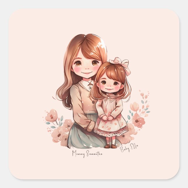 Adorable Mum and Daughter Bond Square Sticker (Front)