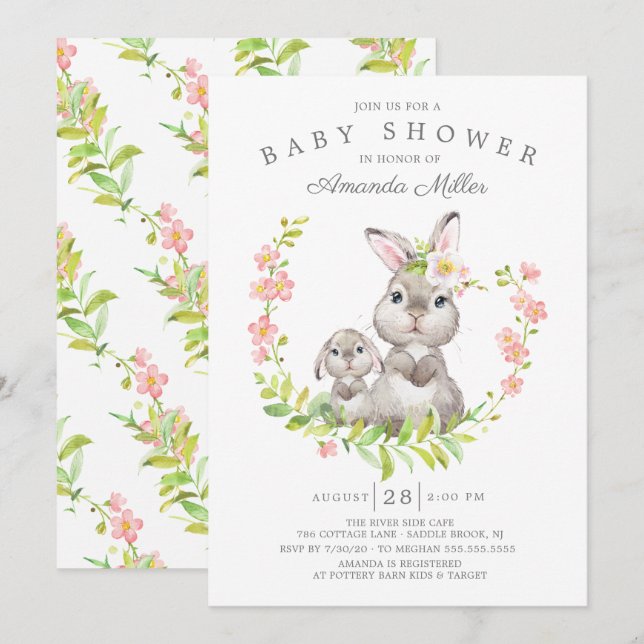 Adorable Mum & Baby Bunny Girls Baby Shower Invitation (Front/Back)
