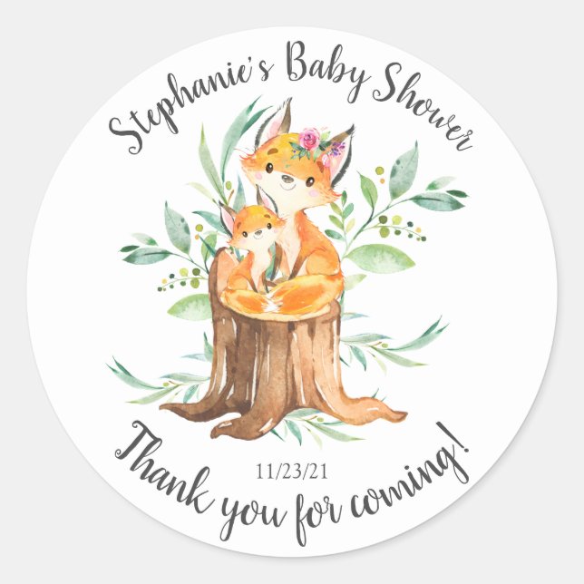 Adorable Mum & Baby Fox Baby Shower Favour Classic Round Sticker (Front)