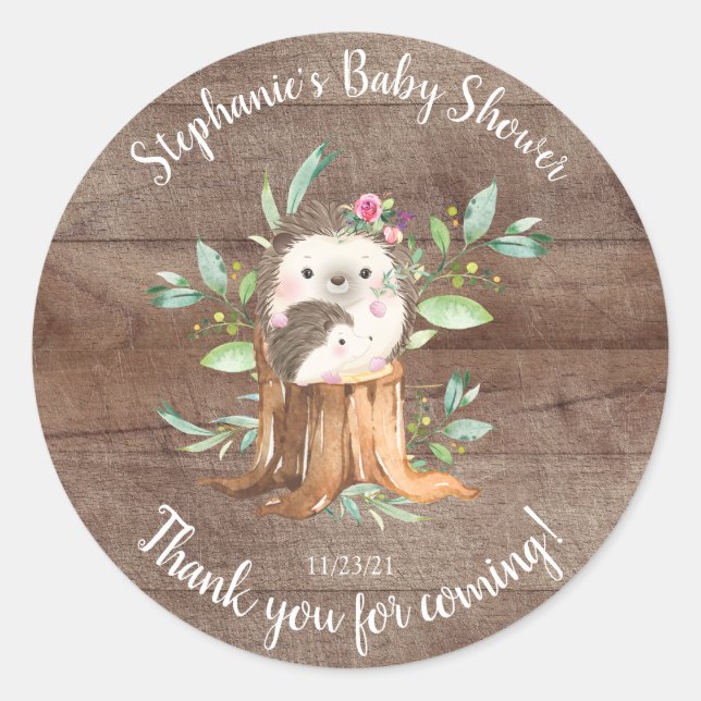 Adorable Mum & Baby Hedgehog Baby Shower Favour Classic Round Sticker (Front)