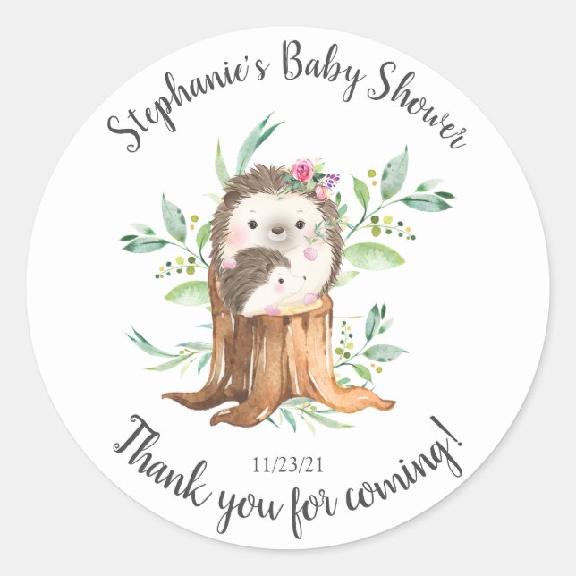 Adorable Mum & Baby Hedgehog Baby Shower Favour Classic Round Sticker (Front)