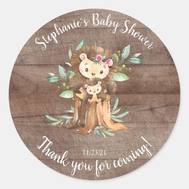 Adorable Mum & Baby Hedgehog Baby Shower Favour Classic Round Sticker (Front)