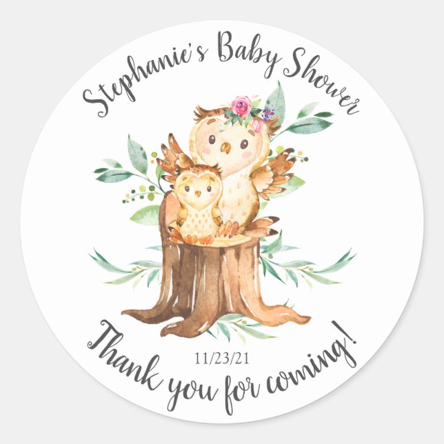 Adorable Mum & Baby Owl Baby Shower Favour Classic Round Sticker (Front)