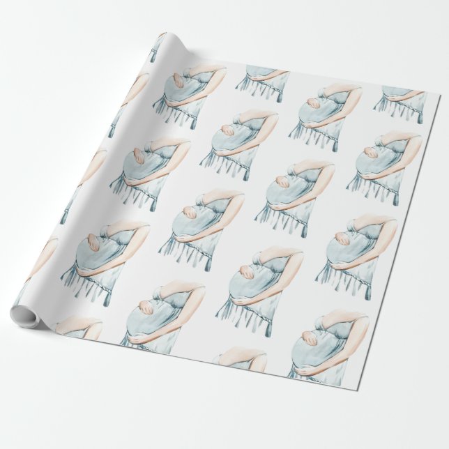 Adorable Mummy-to-Be Baby Blue Boy Shower Wrapping Paper (Unrolled)