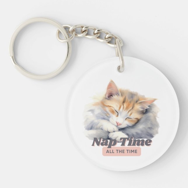 Adorable “Nap Time All the Time” Cat Key Ring (Front)