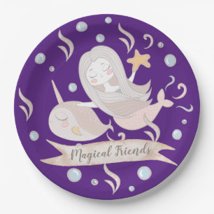 Adorable Narwhal and Mermaid Pastels Personalised Paper Plate
