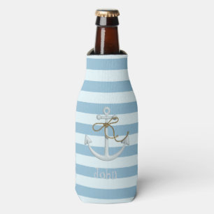 Adorable Nautical Anchor on Light Blue Stripes Bottle Cooler