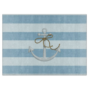 Adorable Nautical Anchor on Light Blue  Stripes Cutting Board