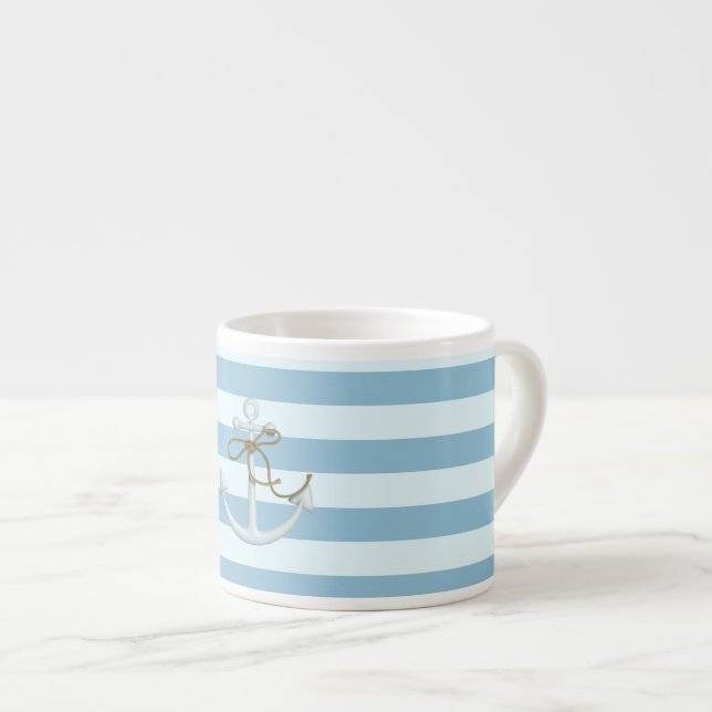 Adorable Nautical Anchor on Light Blue  Stripes Espresso Cup (Front Right)