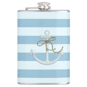 Adorable Nautical Anchor on Light Blue Stripes Hip Flask