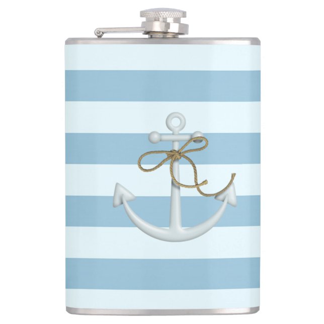 Adorable Nautical Anchor on Light Blue  Stripes Hip Flask (Front)