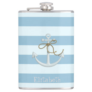 Adorable Nautical Anchor on Light Blue  Stripes Hip Flask