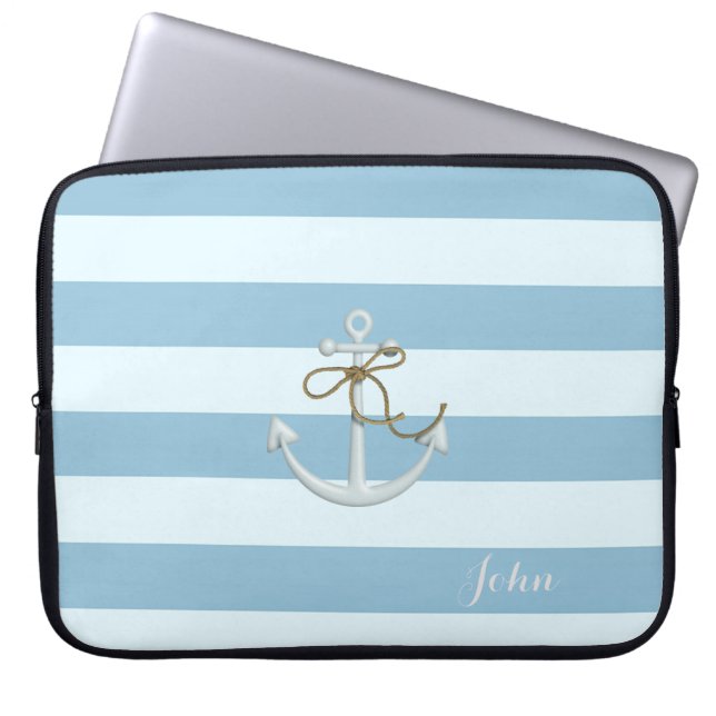 Adorable Nautical Anchor on Light Blue  Stripes Laptop Sleeve (Front)
