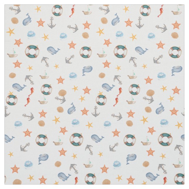 Adorable nautical pattern coral cute white blue fabric (Swatch)