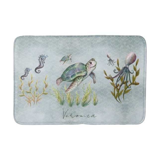 Adorable Nautical Sea Creatures Turtle Kids Baby  Bath Mat (Front)