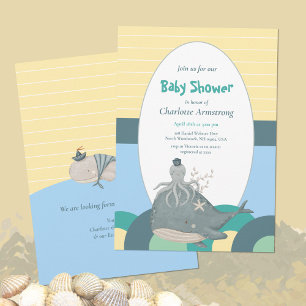 Adorable Nautical Whale Octopus Yellow Baby Shower Invitation