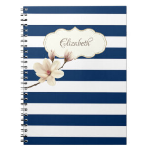 Adorable Navy Blue stripses,Magnolia ,Personalised Spiral Notebook
