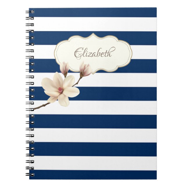 Adorable Navy Blue stripses,Magnolia ,Personalised Spiral Notebook (Front)