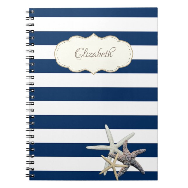 Adorable Navy Blue stripses,Starfish ,Personalised Notebook (Front)