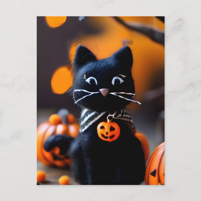 Adorable Needle felted Black Halloween Cat Postcard (Front)