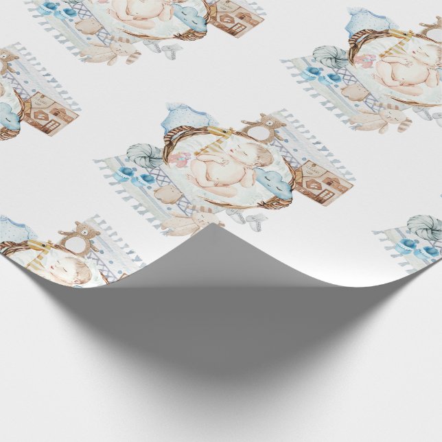 Adorable Newborn Baby Blue Baby Shower Wrapping Paper (Corner)