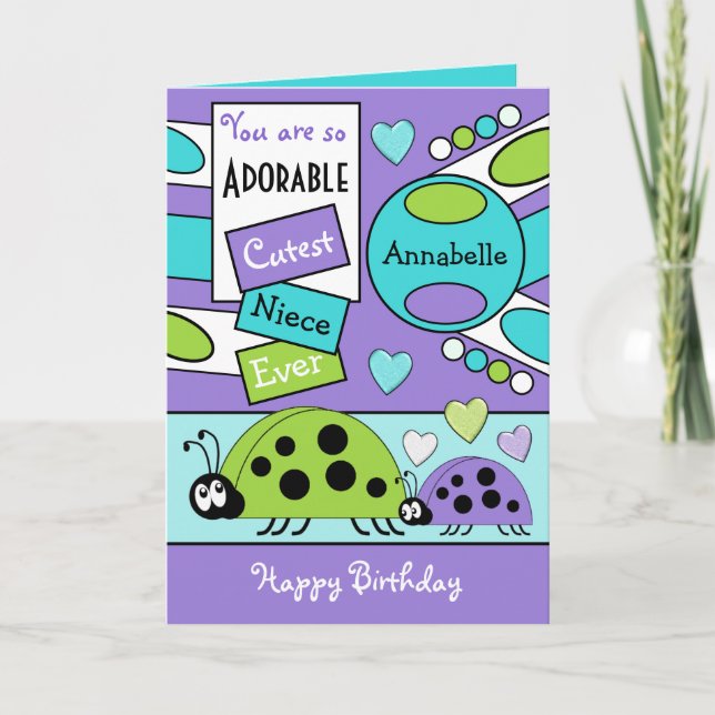 Adorable niece ladybugs special girl purple green card (Front)