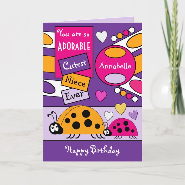 Adorable niece ladybugs special girl purple pink card (Front)