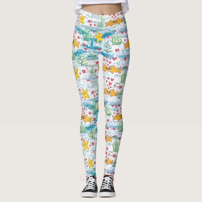 Adorable Ocean Love Pattern | Cute Fish & Starfish Leggings (Front)
