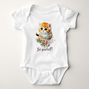 Adorable Orange Cat Watercolor Floral Baby Bodysuit