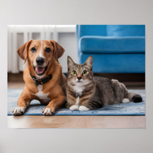 Adorable Orange Dog and Cat Snuggling on a Rug Poster