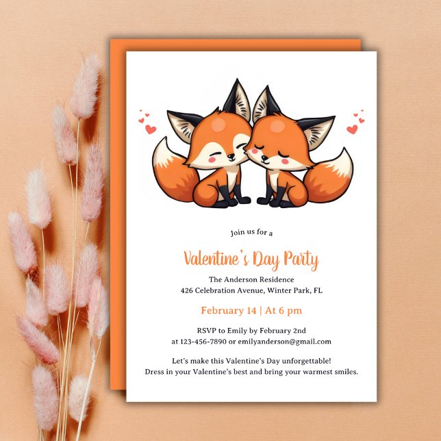Adorable Orange Fox Valentine's Day Party Invitation (Adorable Valentine's Day Party Invitation with Fox Couple Design)