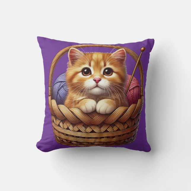 Adorable Orange Kitten in Basket With Yarn Cushion (Front)