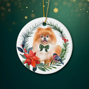 Adorable Orange Pomeranian Watercolor Poinsettia Ceramic Tree Decoration