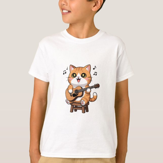 Adorable Orange Tabby Cat Playing Acoustic Guitar T-Shirt (Front)