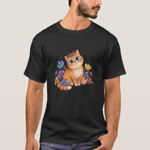 Adorable Orange Tabby Cat with Colourful Flowers T-Shirt