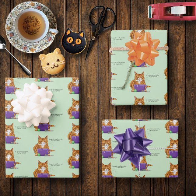 Adorable Orange Tabby Green Father’s Day Purple  Wrapping Paper Sheet (Creator Uploaded)