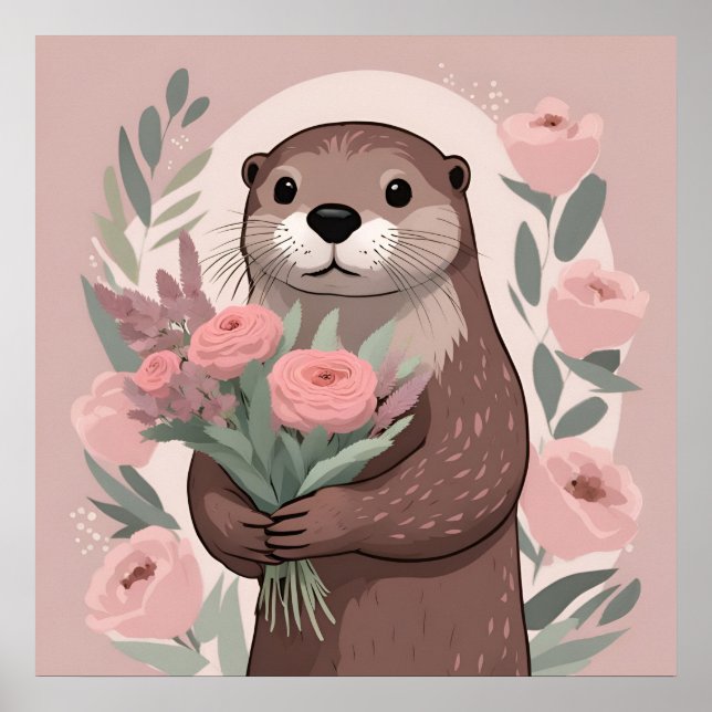 Adorable Otter Boho Flowers Poster (Front)