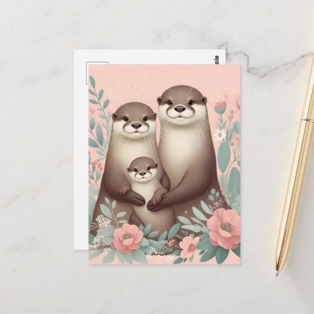 Adorable Otter Boho Pink Mum Dad and Baby Postcard (Front/Back In Situ)