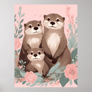 Adorable Otter Boho Pink Rose Mom Dad and Baby Poster