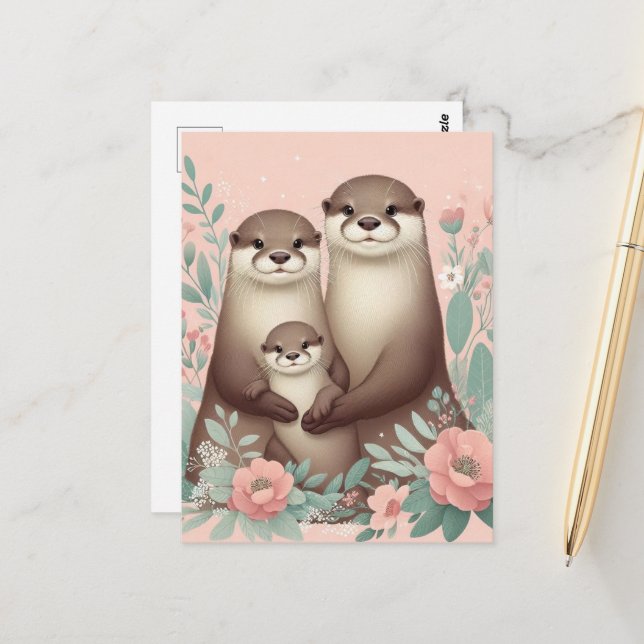 Adorable Otter Boho Pink Rose Mum Dad and Baby Postcard (Front/Back In Situ)