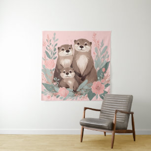Adorable Otter Boho Pink Rose Mum Dad and Baby Tapestry