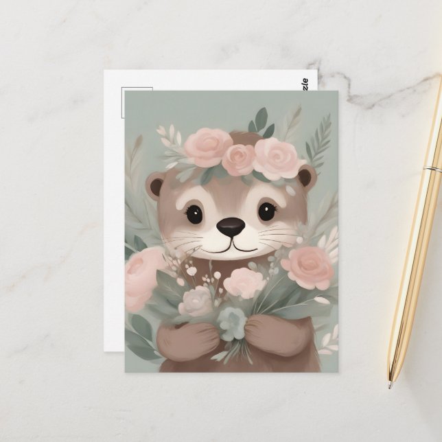 Adorable Otter Boho Watercolor Postcard (Front/Back In Situ)